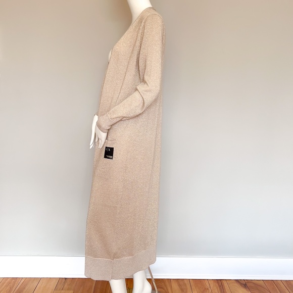 $160 Armani Exchange Gold Metallic Maxi Knit Open Cardigan Duster Merino Blend M - Picture 7 of 14